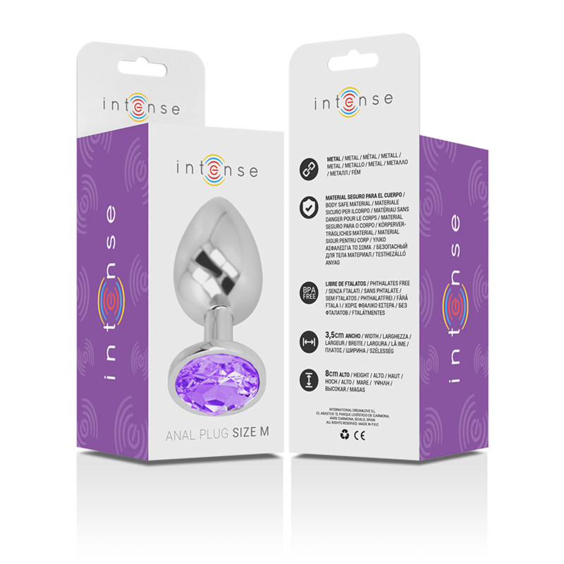 Aluminum metal anal plug with large violet crystal base displayed in white and purple packaging labeled Intense Size M.
