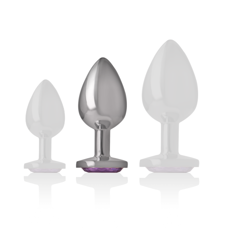 Aluminum metal anal plug with a violet crystal base, medium size, polished silver finish.