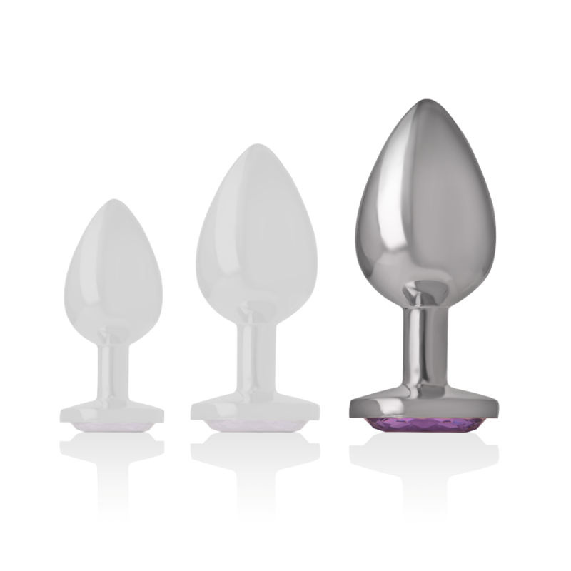 Set of three metal anal plugs in varying sizes with violet crystal bases, polished finish.