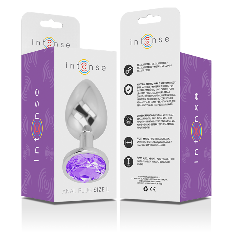 Silver aluminum anal plug with large violet crystal base, packaged in white and purple box.