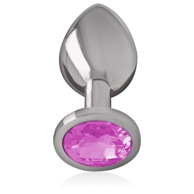 Polished silver-toned aluminum anal plug with pink faceted crystal base, size M.