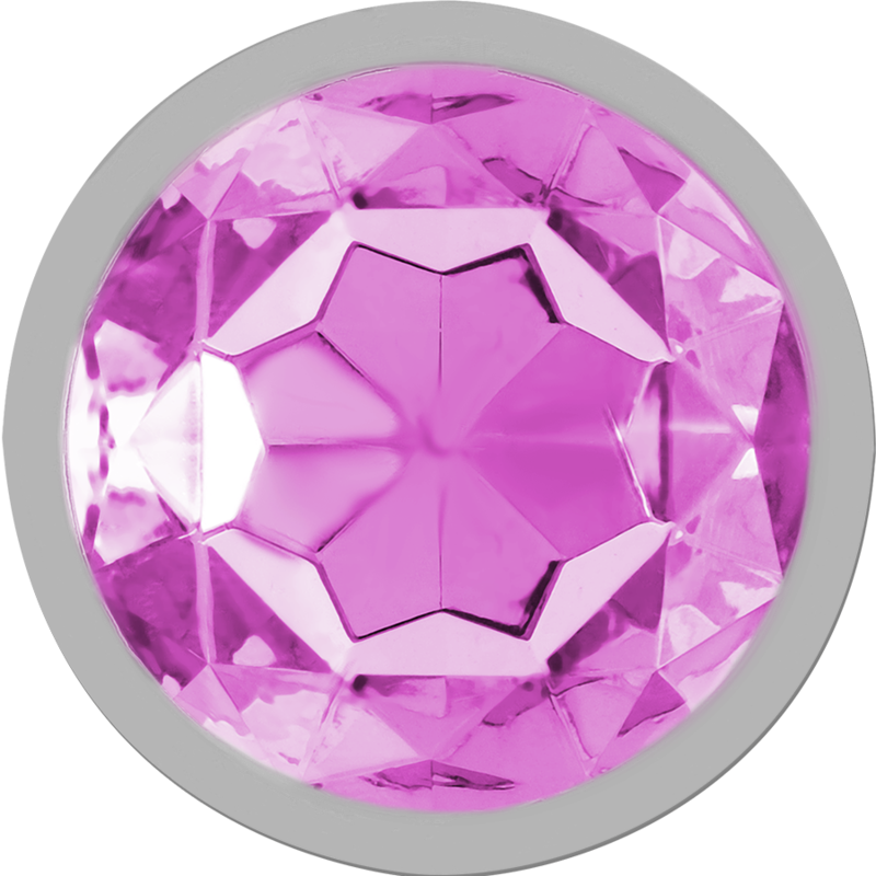 Aluminum metal anal plug with large faceted pink crystal end, size M.