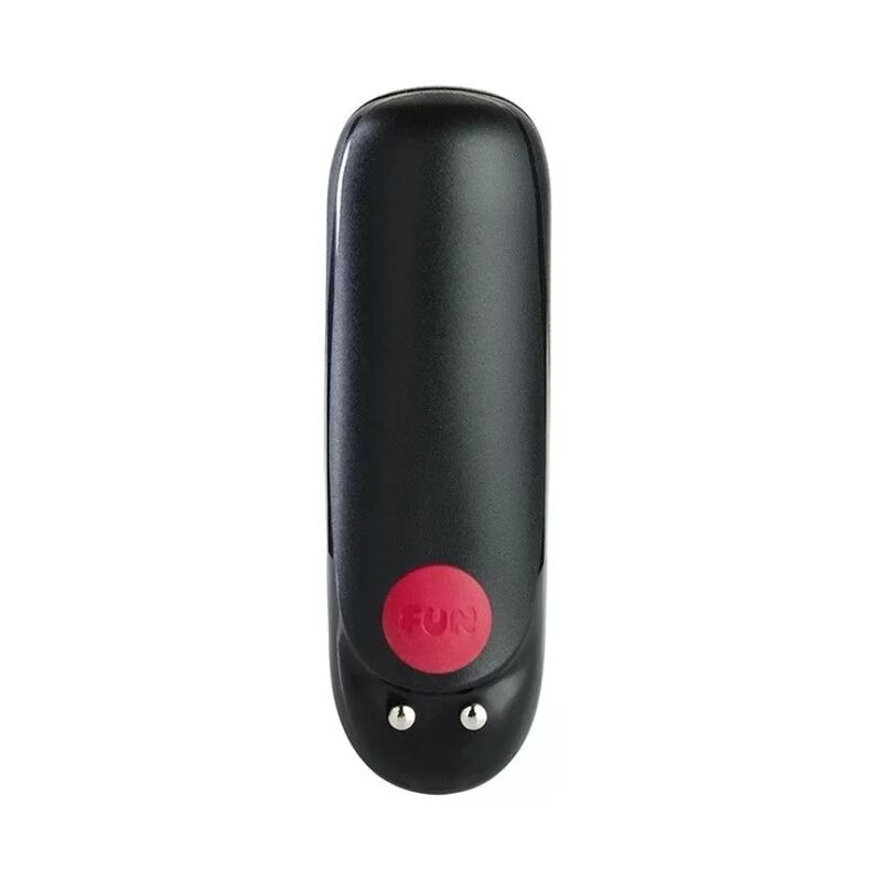 Compact black silicone bullet vibrator with red circular button and two silver metal contact points at the base.