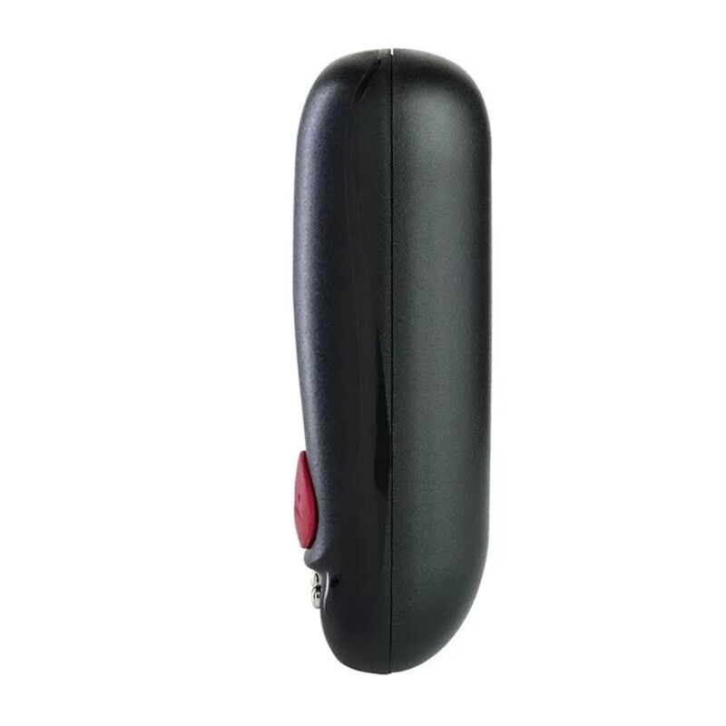 Compact black smooth vibrator with red button on side and curved shape.