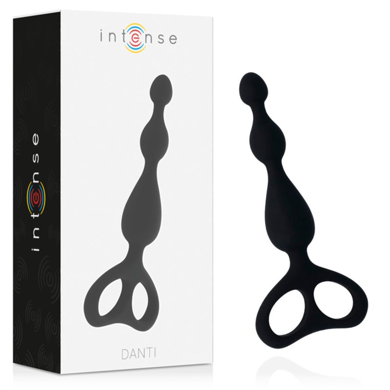 Black silicone anal toy with three graduated bulbs and ergonomic finger loop handle next to matching product box.
