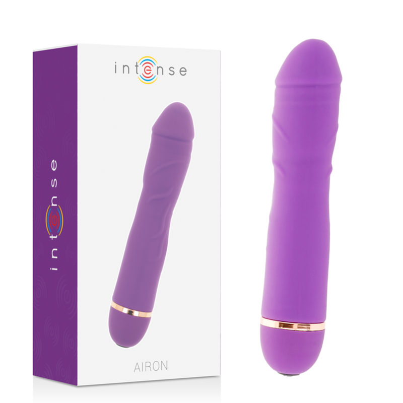 Lilac silicone vibrator with 20 speeds, curved tip, and gold accent ring.