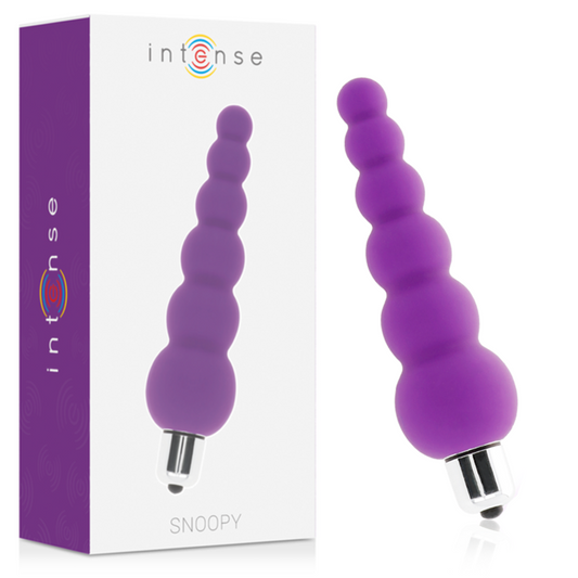 Lilac silicone vibrator with seven graduated rounded beads and metallic silver base, shown next to purple and white product.