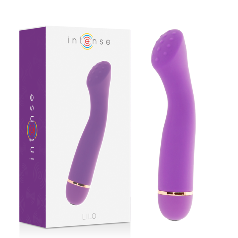 Lilac silicone vibrator with a curved tip and textured nodules, gold accent at base, 20 speeds.