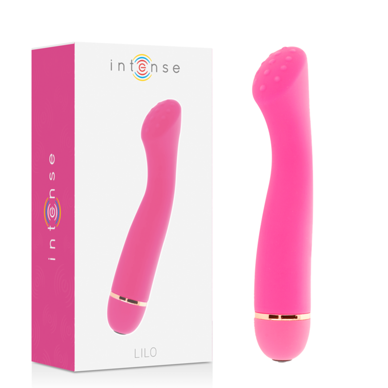 Pink silicone vibrator with curved tip and gold accent base beside white and pink product box labeled Intense Lilo.