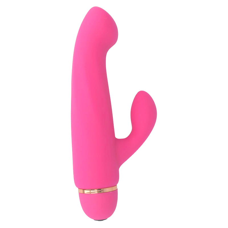 Pink silicone dual-stimulation vibrator with curved head and smaller external arm, gold accent ring.