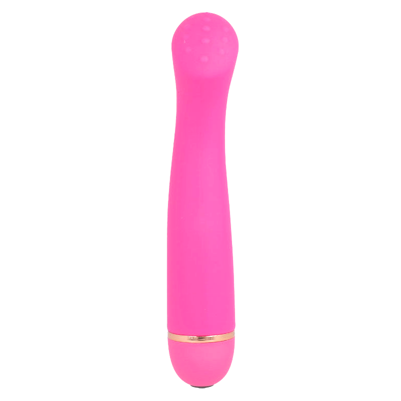 Pink silicone vibrator with rounded tip and gold accent ring near base.