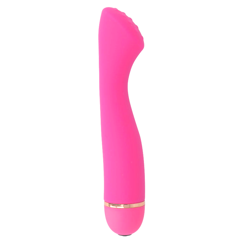 Pink silicone vibrator with curved tip and gold accent ring near base.
