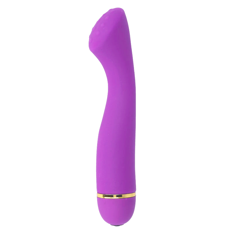 Lilac silicone vibrator with curved tip and gold accent band near base.