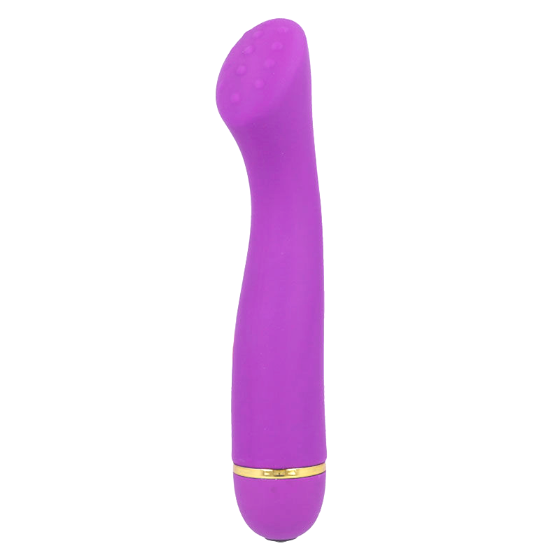 Lilac silicone vibrator with curved tip and gold accent ring near base.