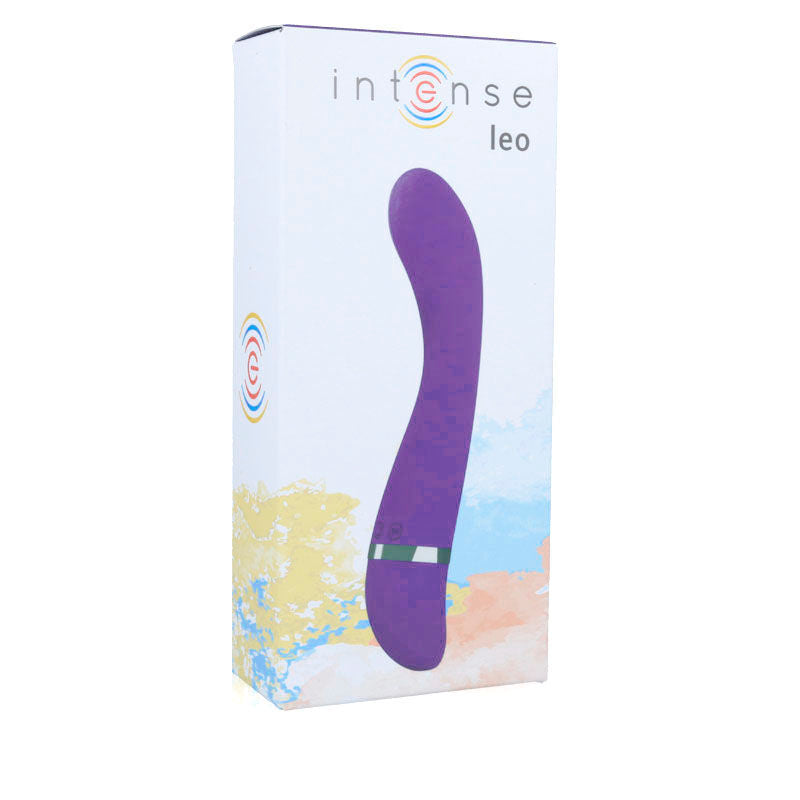 Lilac curved silicone vibrator with metallic silver control panel on white box with pastel abstract design.