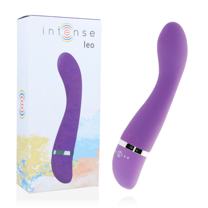 Lilac silicone vibrator with curved tip and silver accent next to white box with product illustration and colorful splash.