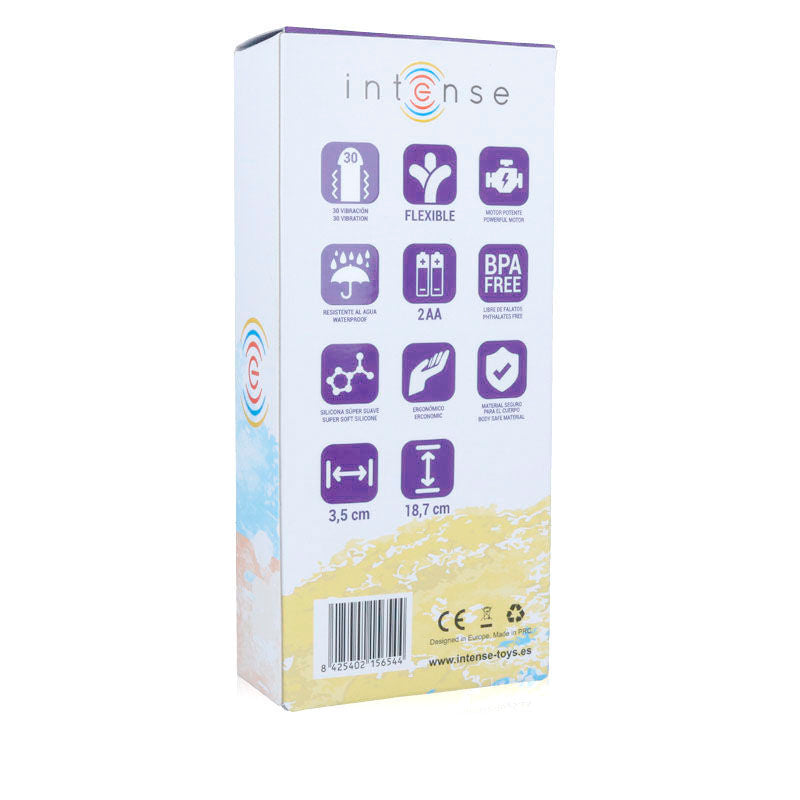 White and pastel-colored box packaging for Intense Leo Vibrator Lilac Silicon Luxe with icons illustrating features on the.