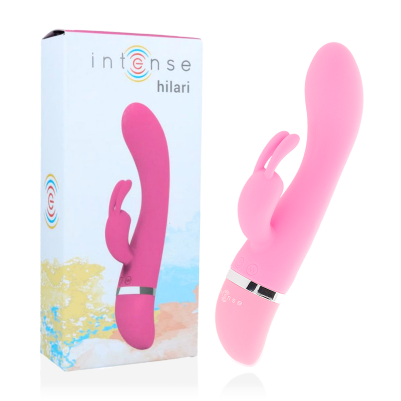 Pink silicone vibrator with curved shaft and rabbit-style clitoral stimulator, silver accent ring at base.