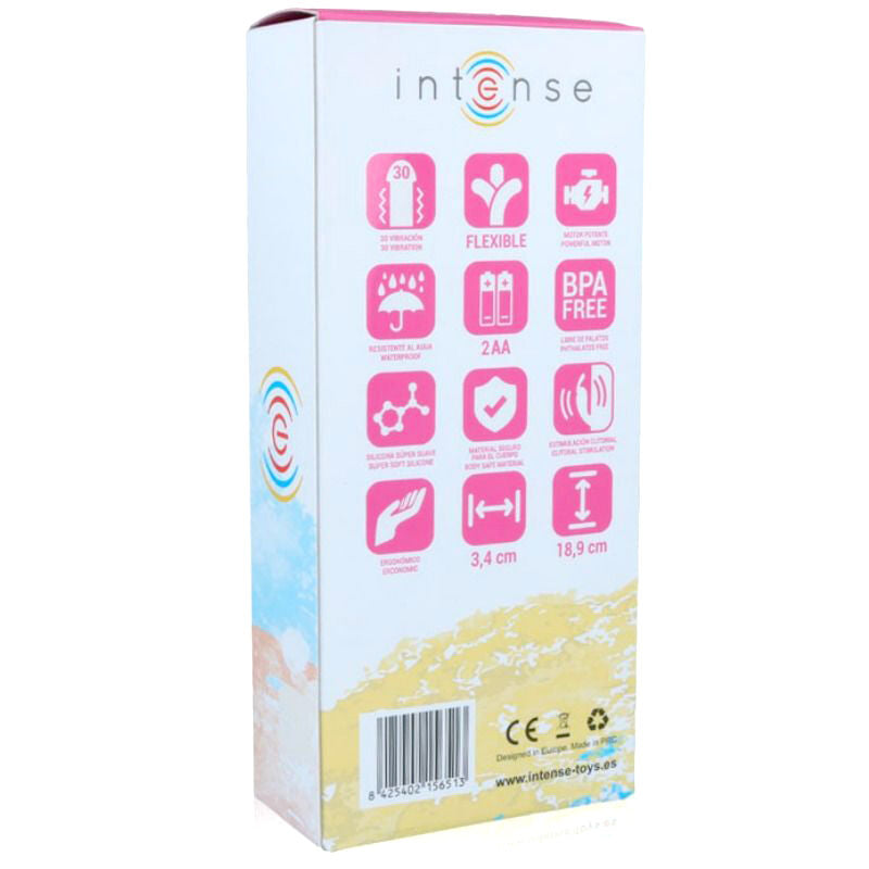 White and pink box packaging for Intense Hilari Pink Silicon Luxe Vibrator with icons detailing features on back.
