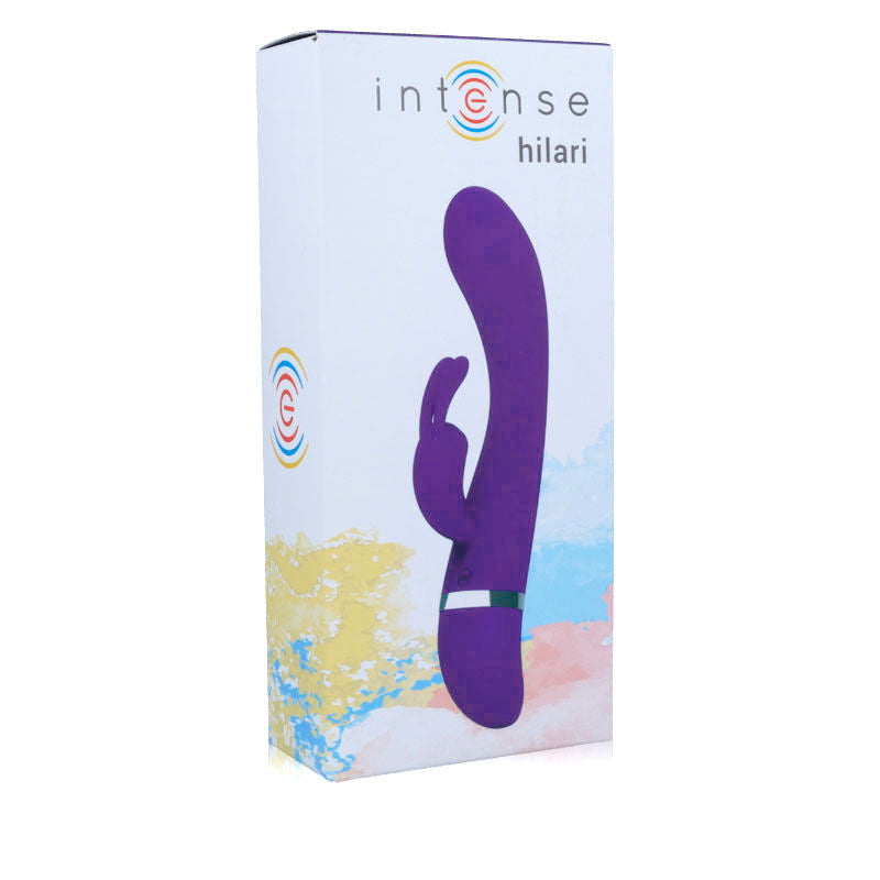 Lilac silicone luxury vibrator with curved shaft and external stimulator on white box.