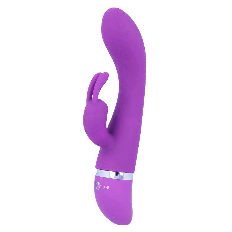 Lilac silicone vibrator with curved shaft and dual rabbit ears, silver accent base with controls.