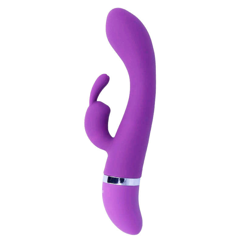 Lilac silicone vibrator with curved shaft and flexible clitoral stimulator, silver accent band.