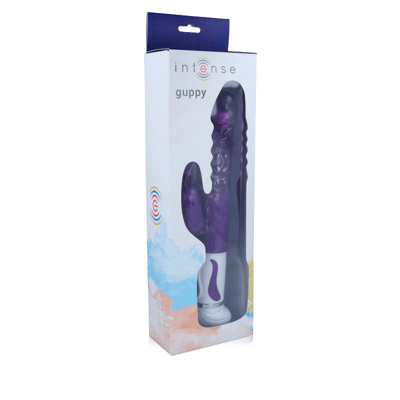 Purple textured vibrator with curved tip and rotating function in white and lilac packaging.