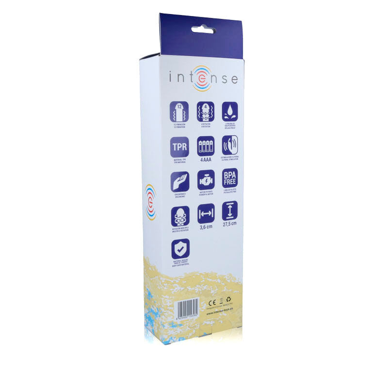 Tall slim white and lilac packaging box for Intense Guppy Lilac Rotator Vibrator with product icons and branding details.
