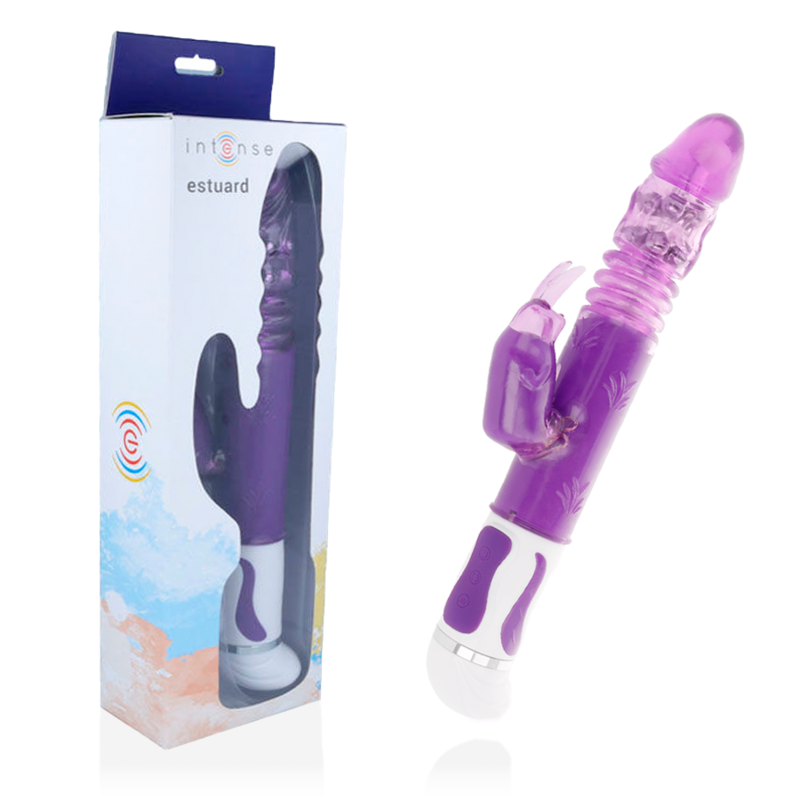 Lilac rotator vibrator with textured shaft, rabbit-style clitoral stimulator, and white base controls, shown with packaging.