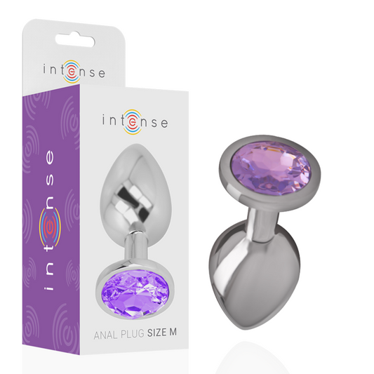 Medium-sized polished aluminum anal plug with large violet crystal base and purple-themed packaging.