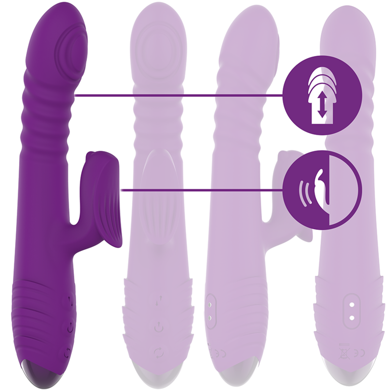 Purple multifunction vibrator with curved tip and attached clitoral stimulator with ridged texture and control buttons.