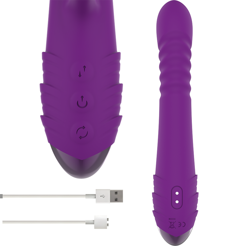 Purple multifunction rechargeable vibrator with ribbed shaft, clitoral stimulator, and USB charging cable.
