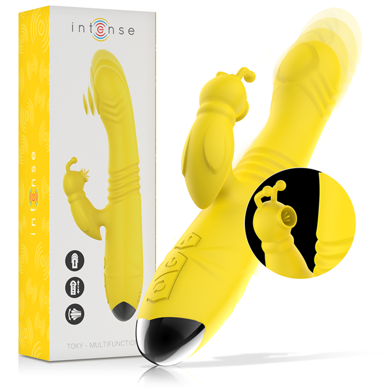 Yellow curved vibrator with textured shaft, clitoral stimulator, and black base control buttons.