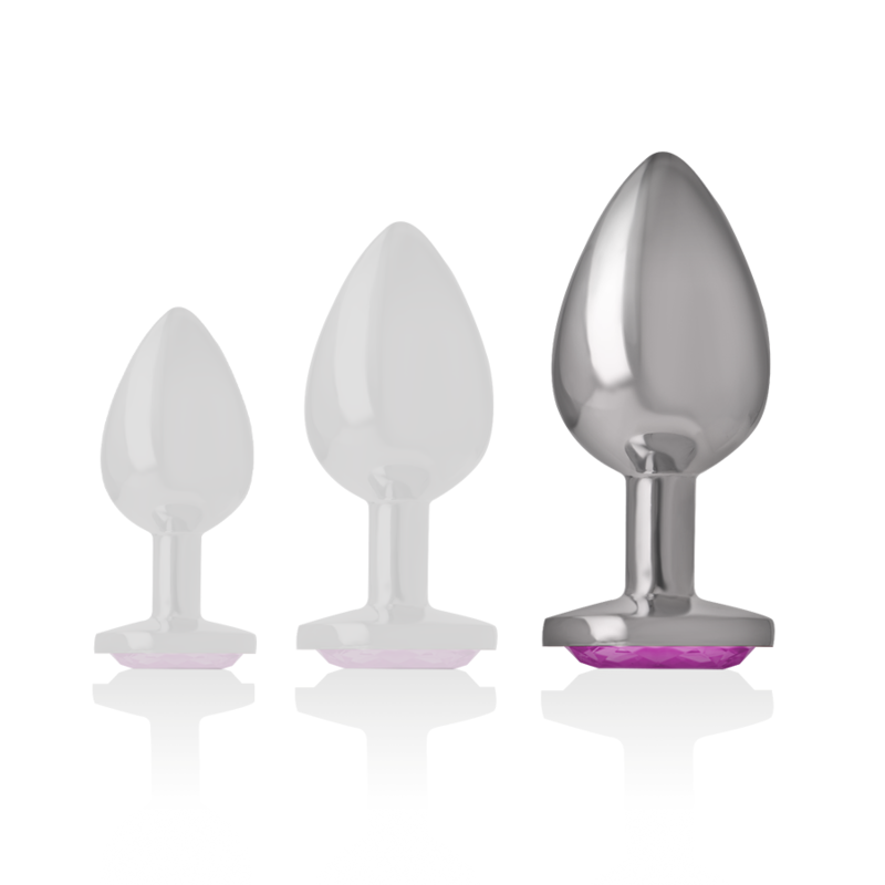 Set of three aluminum anal plugs in sizes small, medium, and large with pink crystal bases.