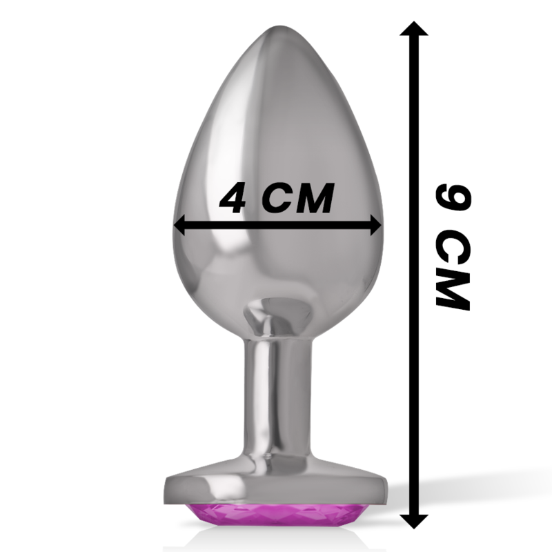 Large silver aluminum anal plug with smooth finish and pink crystal base, 9 cm tall, 4 cm wide.