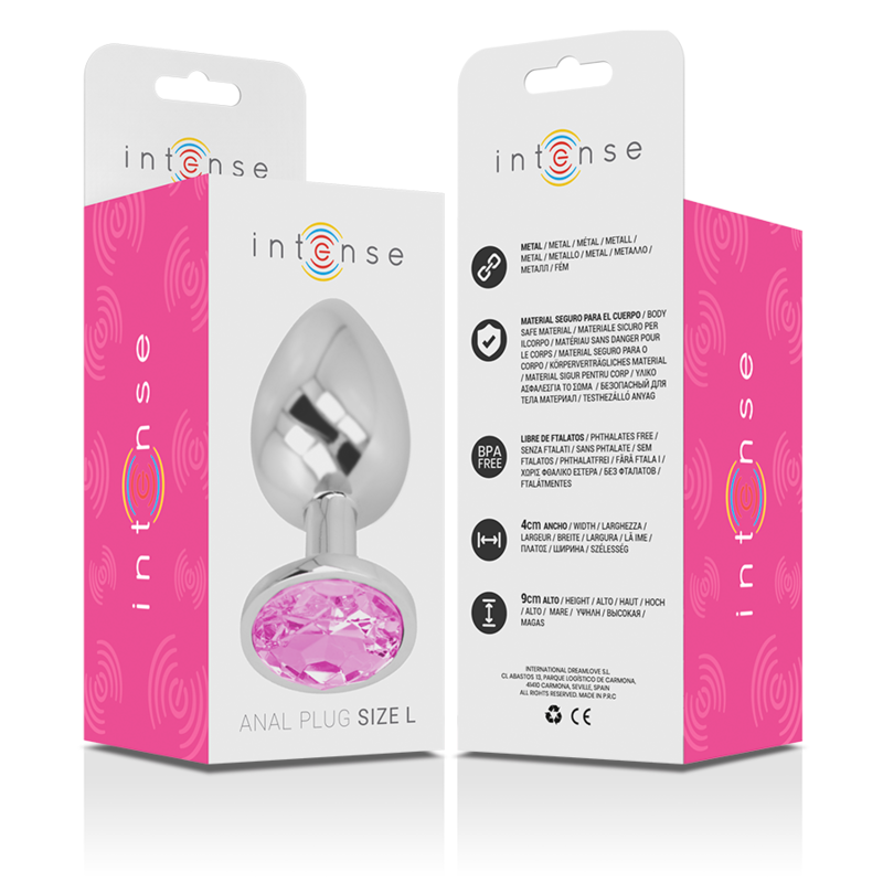 Aluminum metal anal plug with large pink crystal base in white packaging with pink sides and black text.