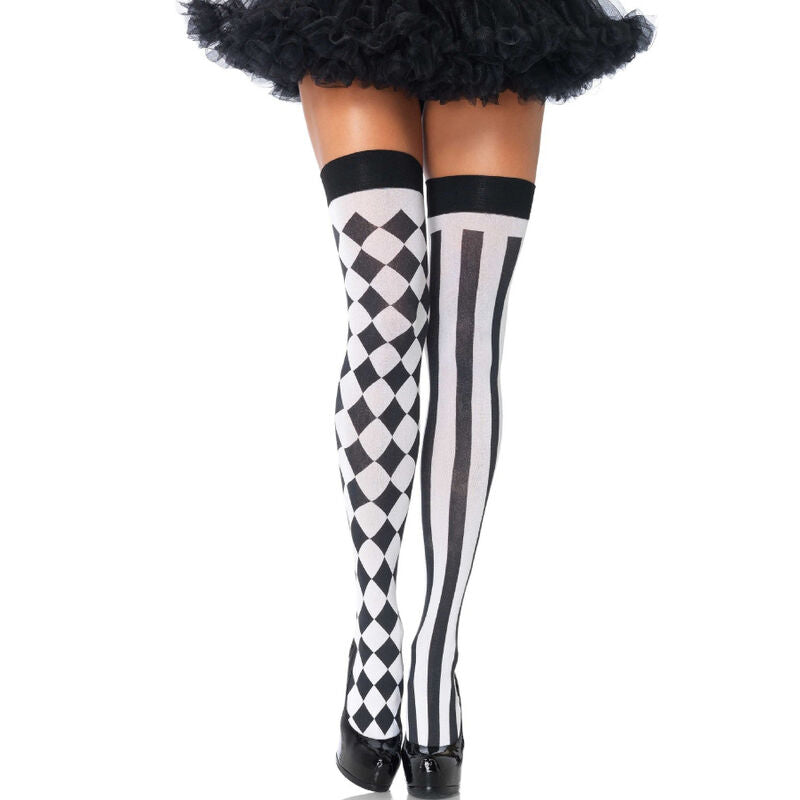 LEG AVENUE - CZARNO-BIAŁE SKARPETKI ARLEQUIN HIGH