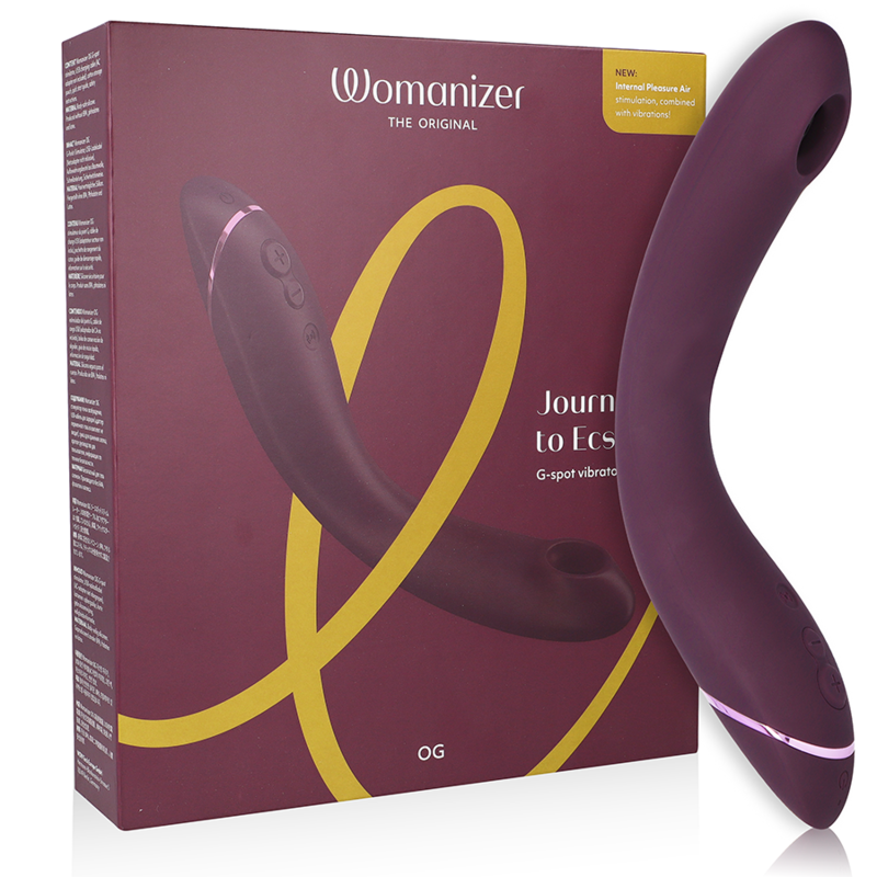 Aubergine curved Womanizer OG G-spot vibrator with smooth silicone and control buttons, displayed with matching product box.