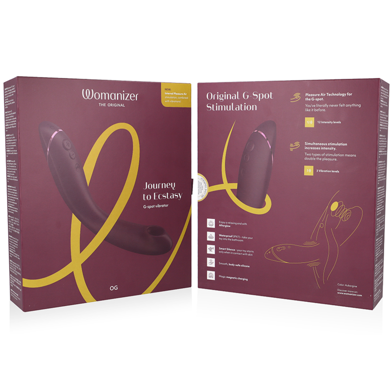 Aubergine-colored Womanizer OG G-Spot stimulator with curved design shown next to matching purple box with yellow ribbon.