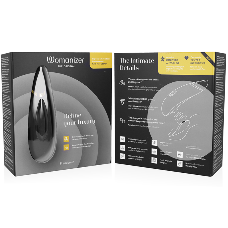 Black sleek clitoral stimulator with ergonomic shape in premium packaging showing product and details panels.