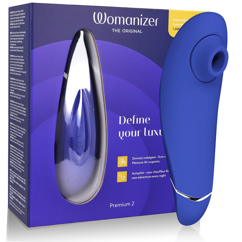Blueberry blue Womanizer Premium 2 clitoral stimulator with sleek ergonomic design and silicone head next to purple and blue .
