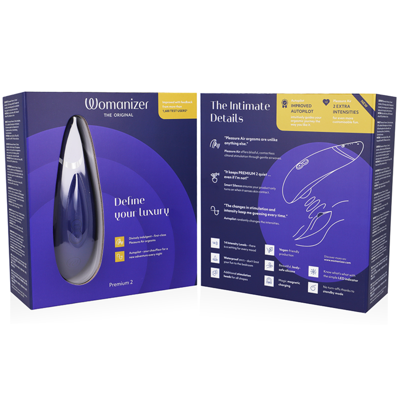 Blueberry-colored Womanizer Premium 2 clitoral stimulator in sleek packaging with detailed usage instructions.