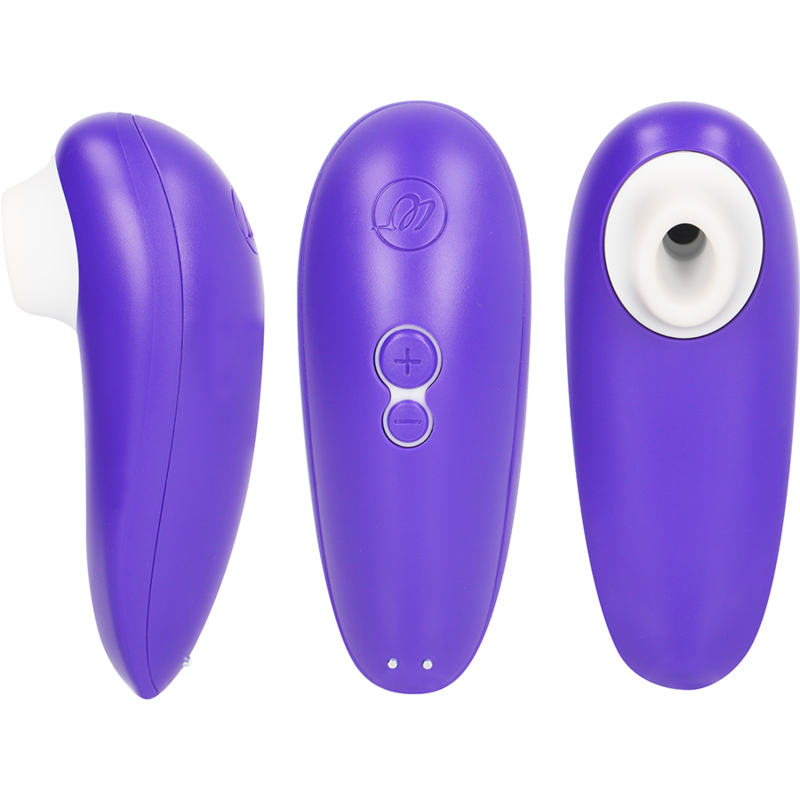 Purple ergonomic clitoral stimulator with white silicone tip and plus/minus buttons visible.