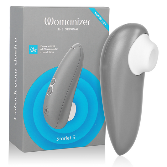 Gray Womanizer Starlet 3 clitoral stimulator with curved design beside blue-accented product box.
