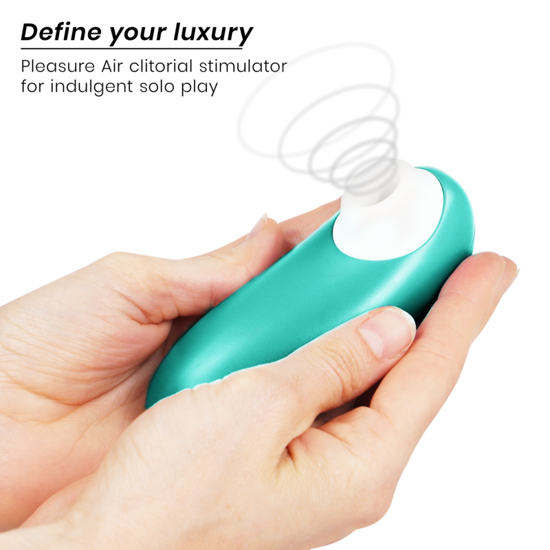 Turquoise Womanizer Starlet 3 clitoral stimulator held in hands with white suction tip and air pulse waves illustration.