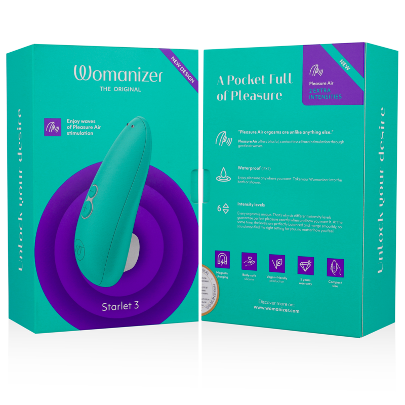 Turquoise Womanizer Starlet 3 clitoral stimulator packaging with product info on front and back.