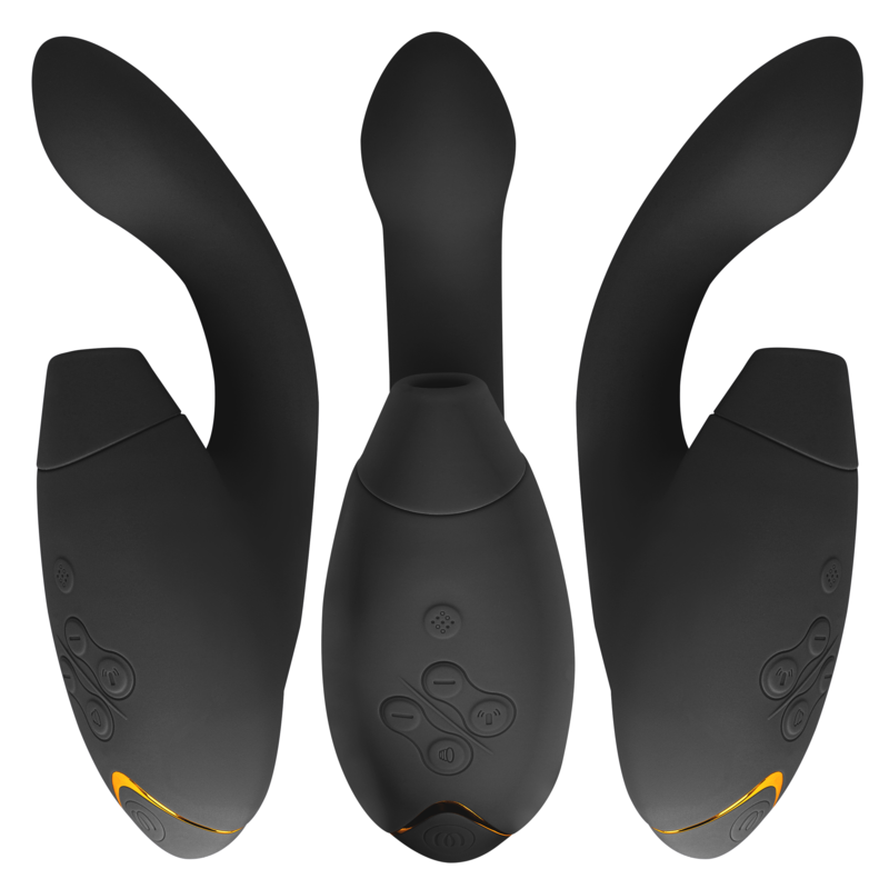Black dual-stimulation device with ergonomic curved design and textured control buttons.