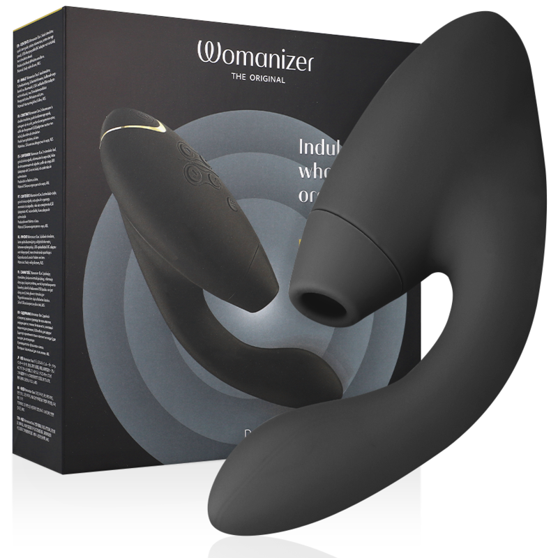 Black ergonomic dual stimulator with smooth silicone finish and curved design, shown next to product packaging.