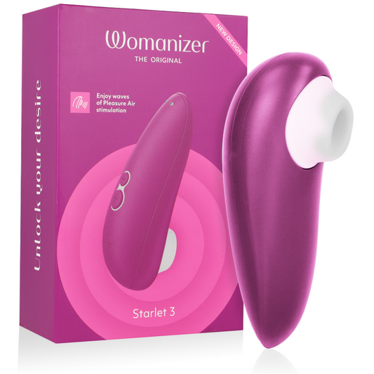 Violet Womanizer Starlet 3 clitoral stimulator with curved ergonomic design and white silicone tip next to its pink.