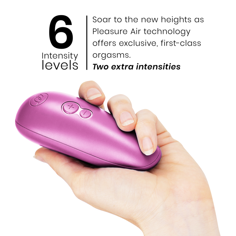 Violet ergonomic clitoral stimulator with three buttons held in hand, sleek curved design.